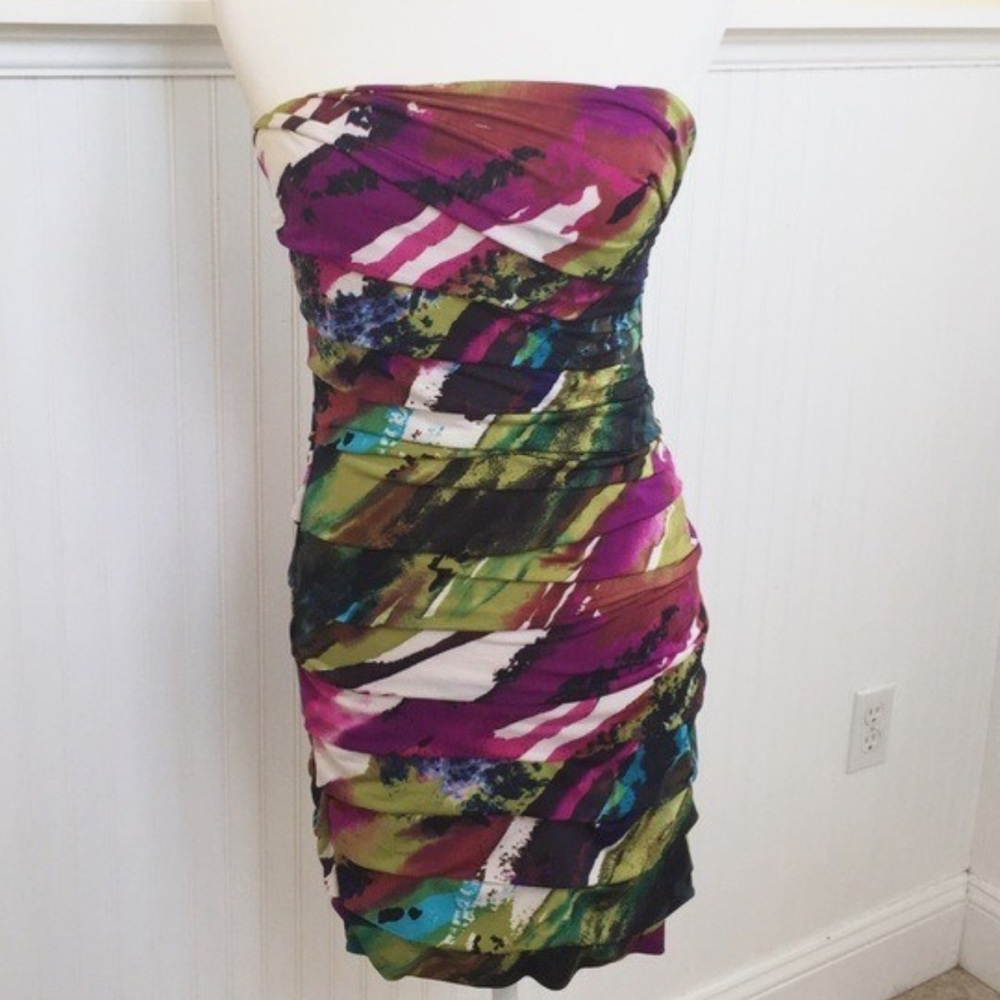 Vibrant Multicolor Strapless Bodycon Layered Ruffle Dress Juniors Size Large